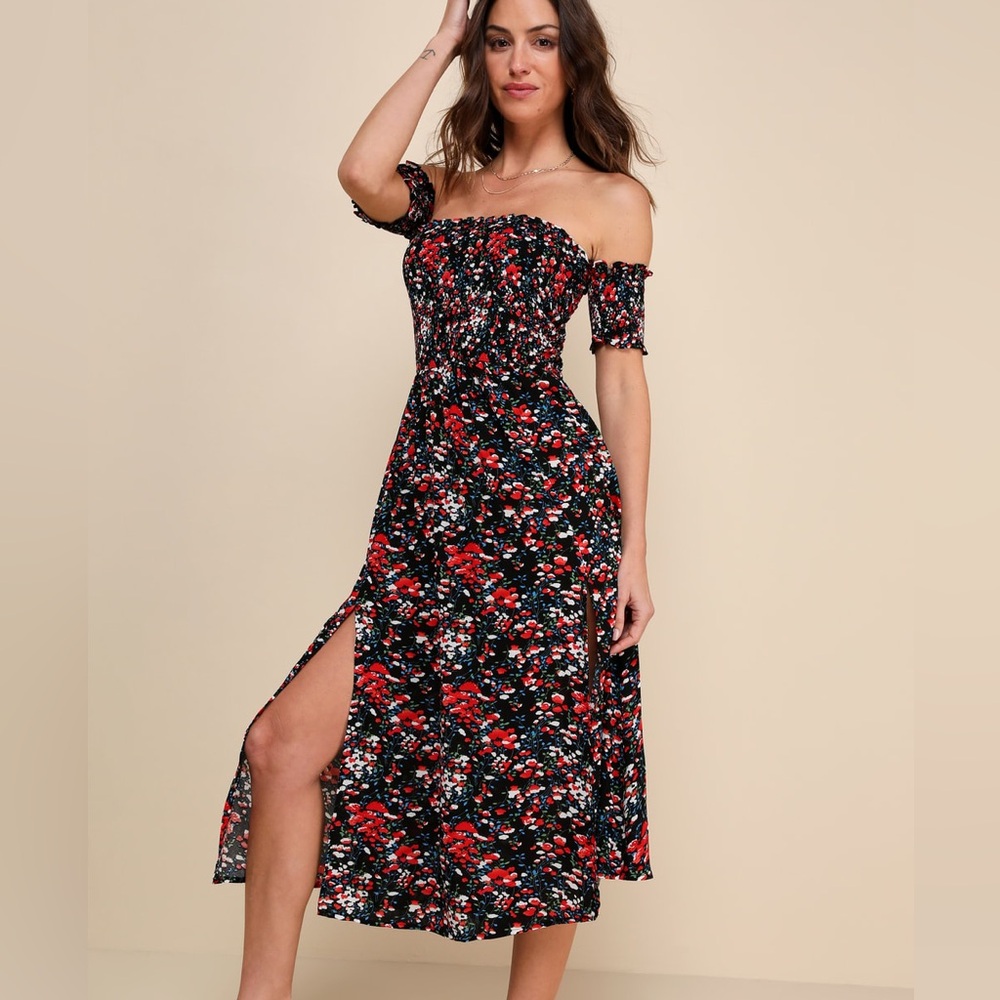 Lulu's Black and Red Ruched Off-Shoulder Midi Dress